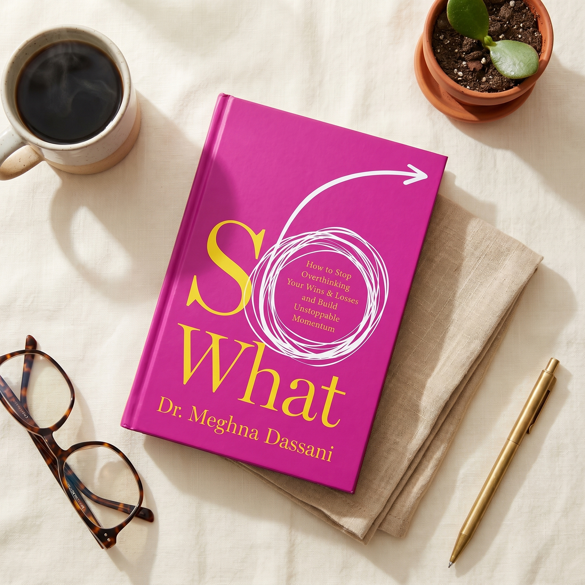 So What — flat-lay on a desk with coffee and reading glasses